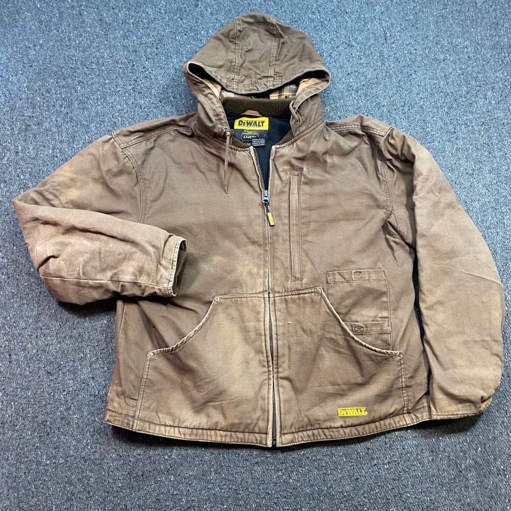 DeWalt Heated Work Jacket Sz L Mens Brown Skater Grunge Canvas Hooded Heavy Duty